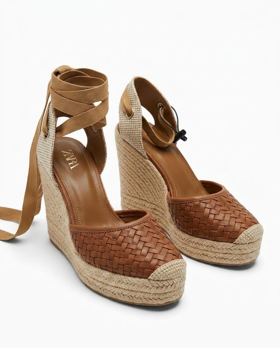 Sandale compensée Zara beige tressée avec liens à nouer | KTHSHOP