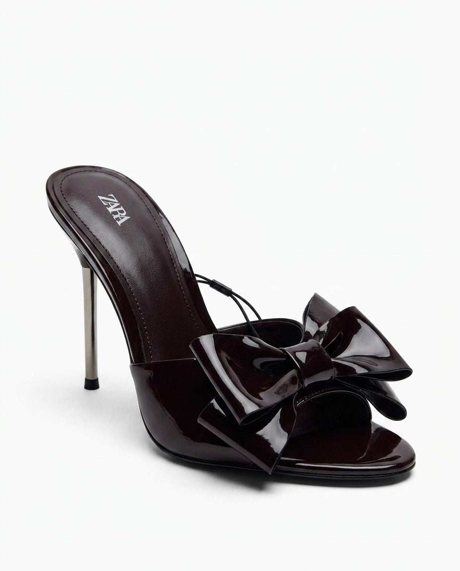 Sandales à talons Zara avec nœud, marron vernis | KTHSHOP
