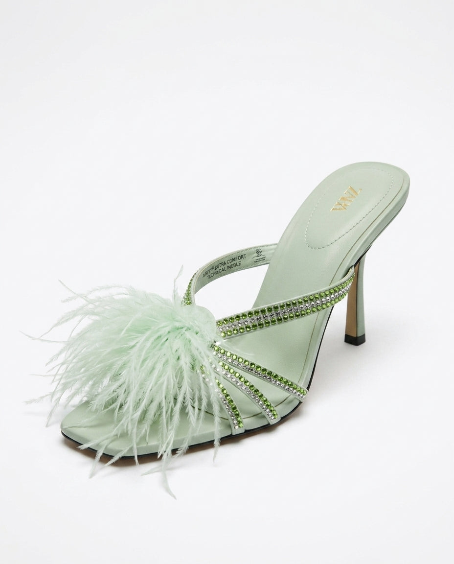 Mule Zara vert menthe avec plumes et strass | KTHSHOP