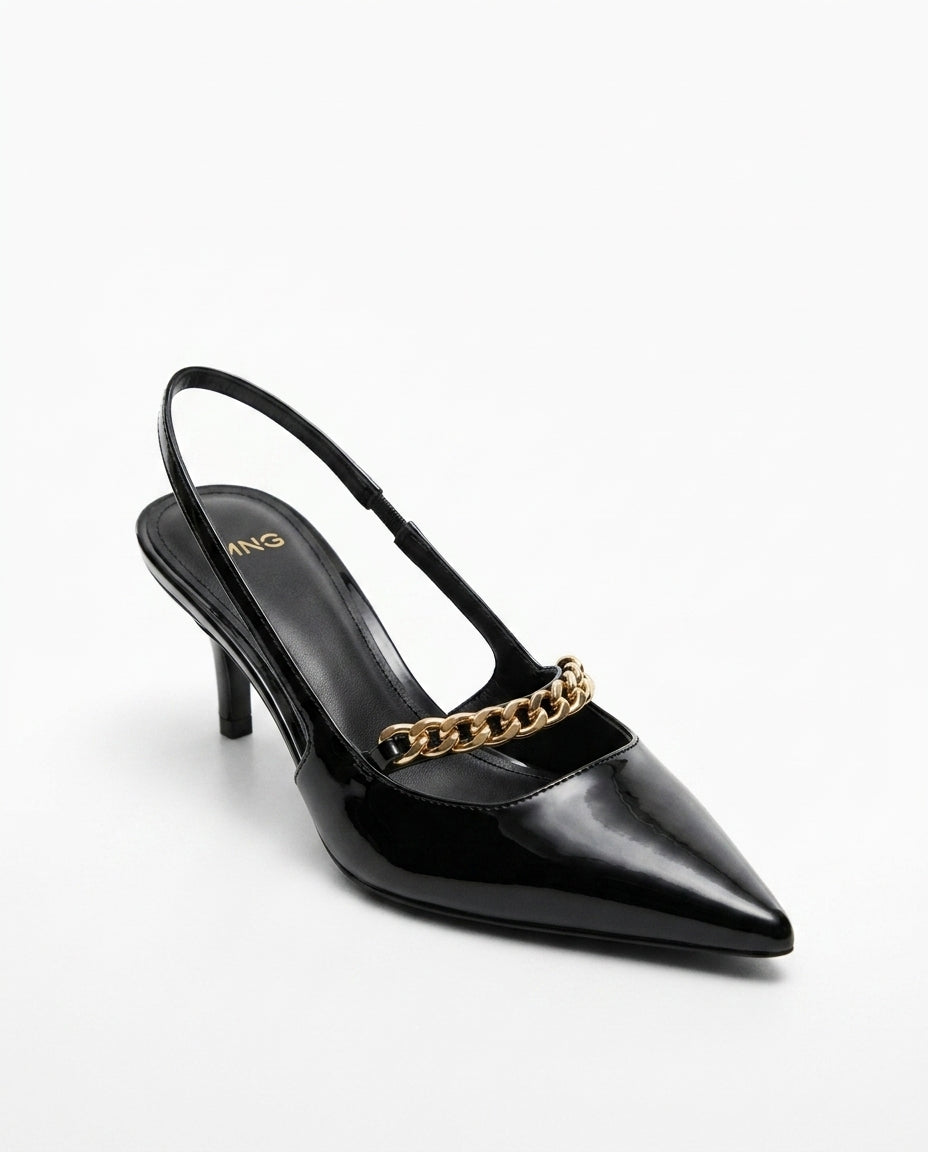 Escarpin MNG slingback noir verni avec chaîne dorée