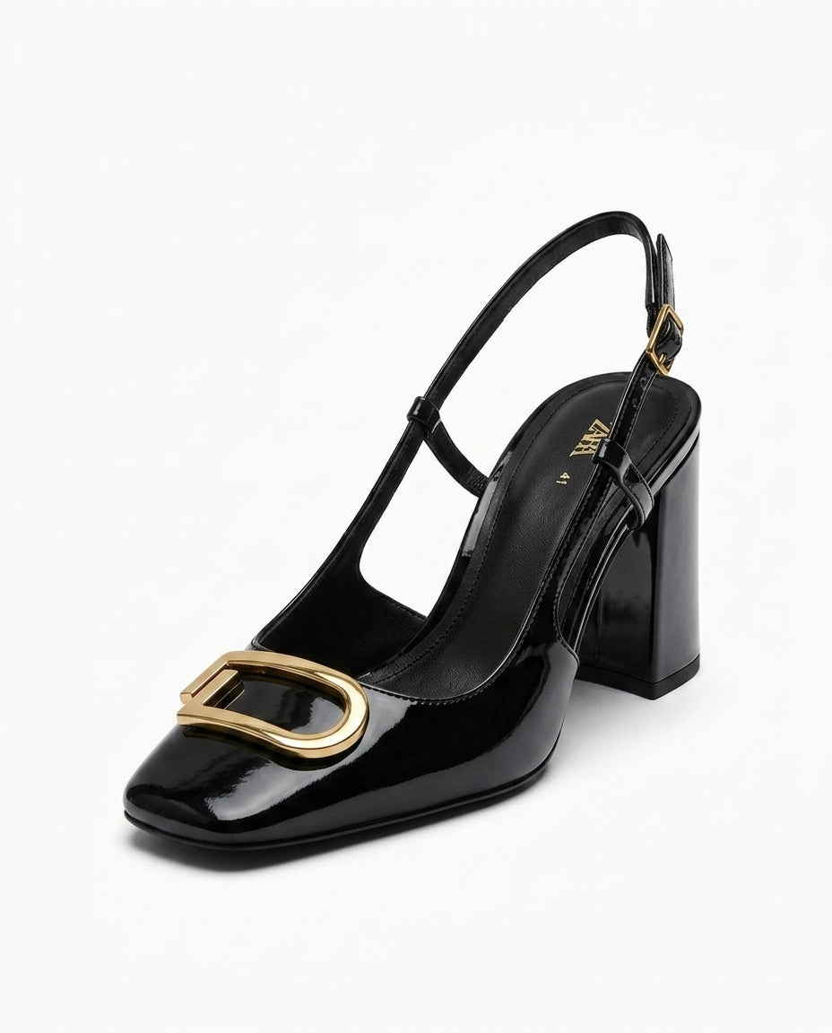 Chaussure à talon Zara noire vernie avec boucle dorée