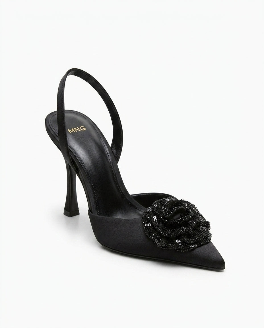 Escarpins MNG slingback noirs avec rose ornementée