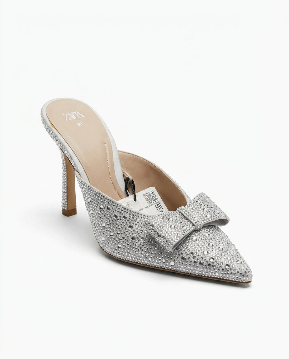 Mule Zara argentée à strass avec nœud
