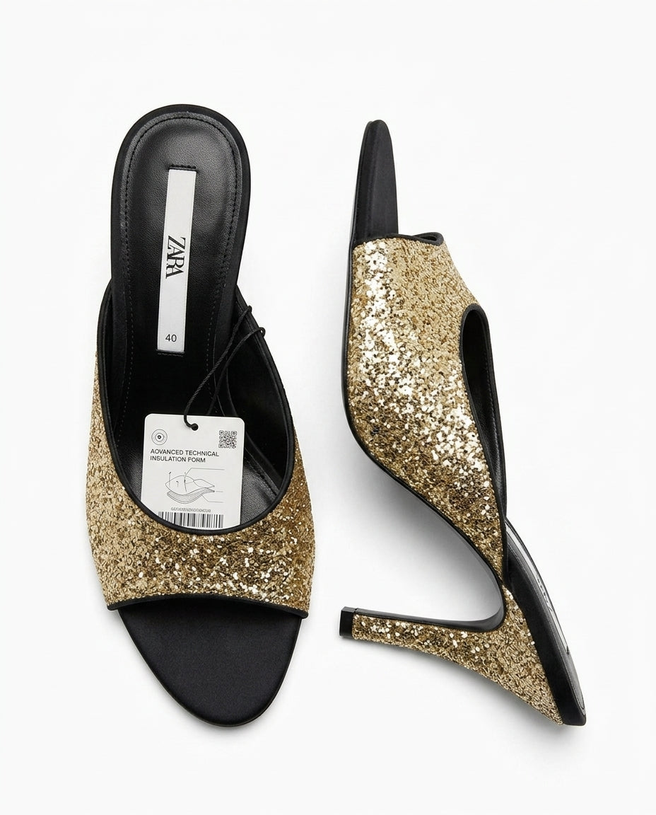 Mule à talon Zara pailletée dorée