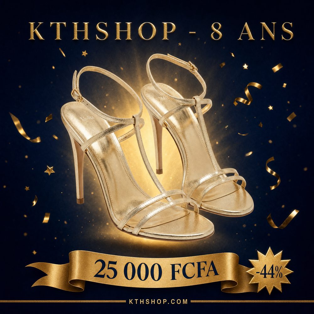 KTHSHOP 8 ans — Sandales à talons aiguilles dorées à lanières fines à 25 000 FCFA