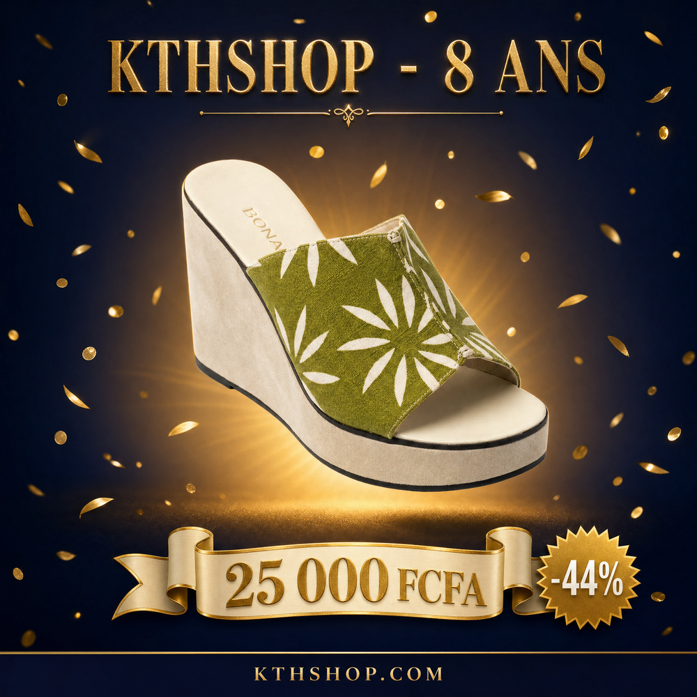KTHSHOP 8 ans — Mule compensée verte à motif floral à 25 000 FCFA