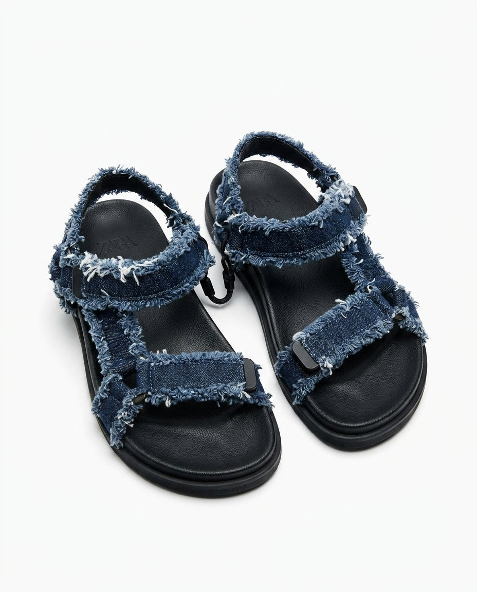 Sandales Zara en denim effiloché — photo produit studio KTHSHOP