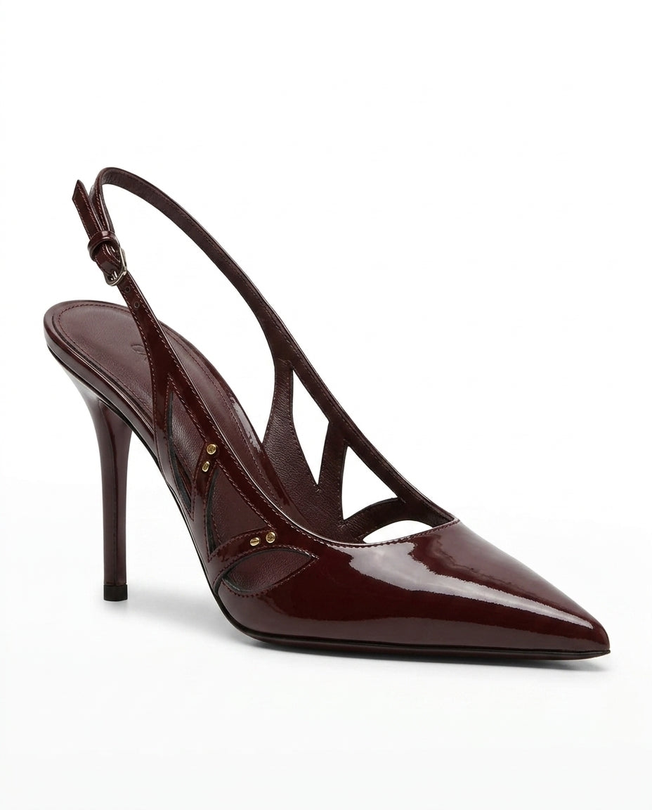 Escarpin slingback en cuir verni marron avec découpes | KTHSHOP