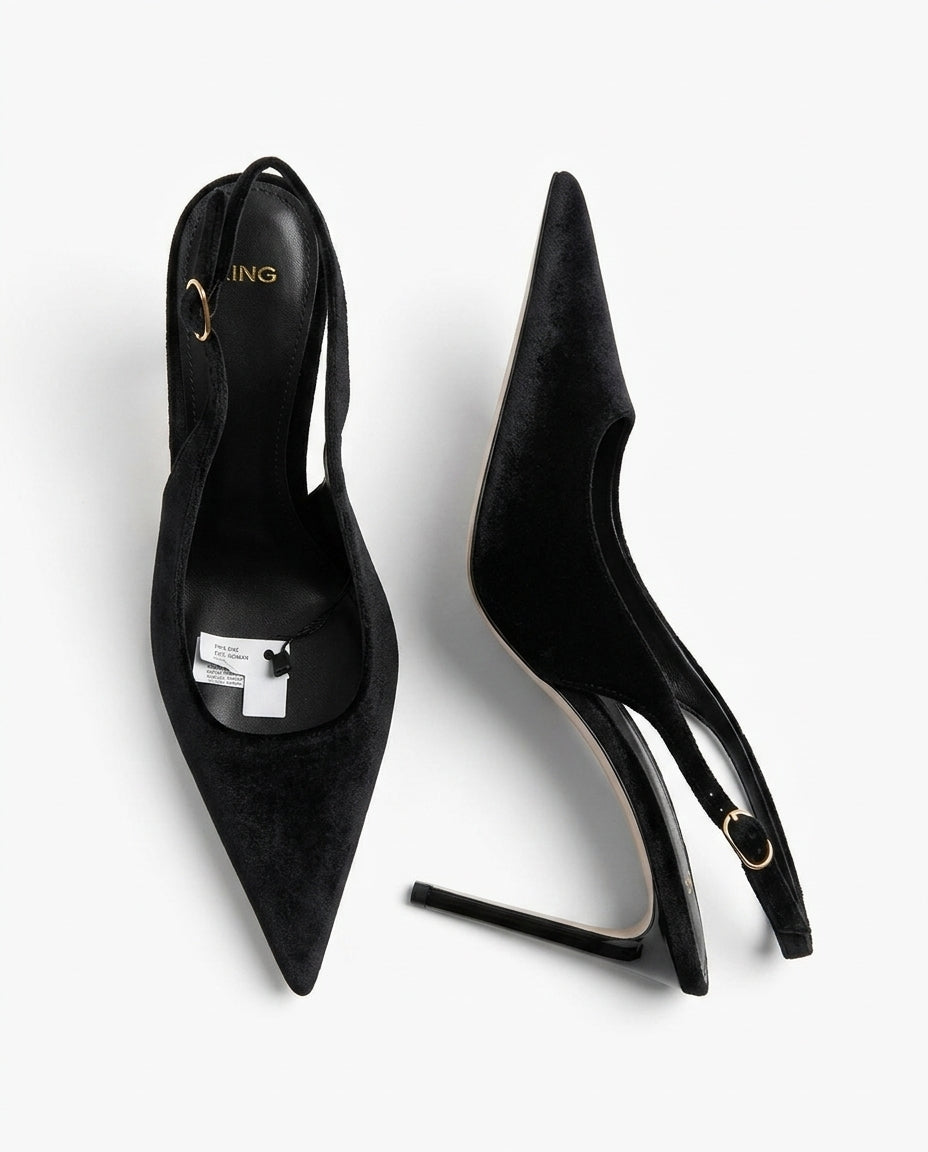 Escarpin slingback en velours noir à bout pointu | KTHSHOP