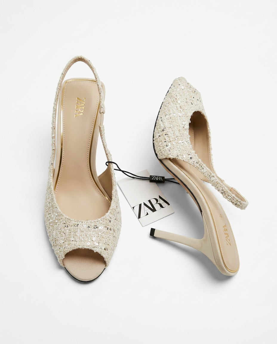 Escarpin Zara en tweed blanc à bout ouvert | KTHSHOP