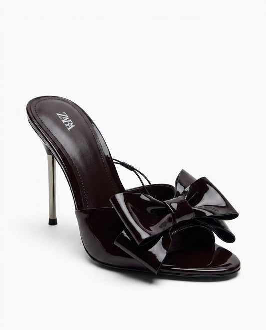 Sandales à talons Zara avec nœud, marron vernis | KTHSHOP