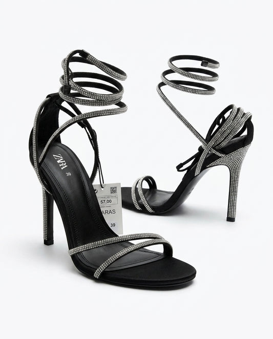 Sandale à talons noire avec brides à strass | KTHSHOP