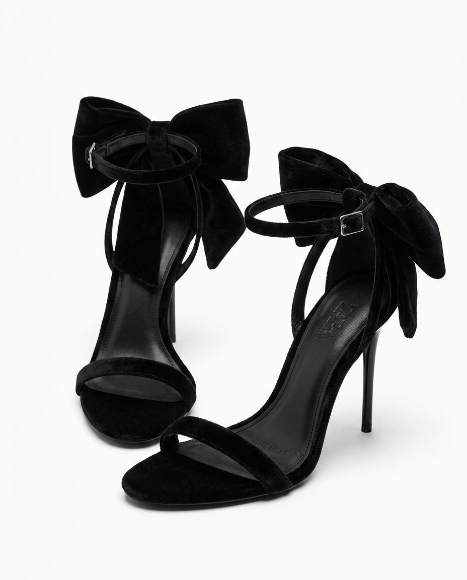 Sandale à talon en velours noir avec nœud Zara | KTHSHOP