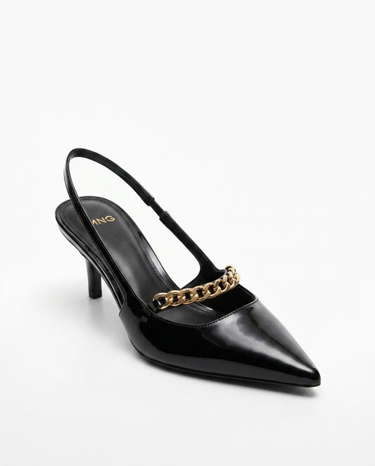 Escarpin MNG slingback noir verni avec chaîne dorée