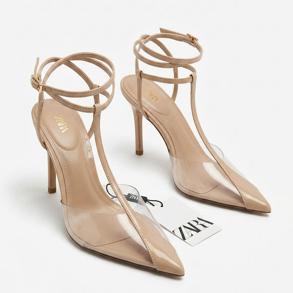 Escarpins Zara beige à brides et empiècements transparents