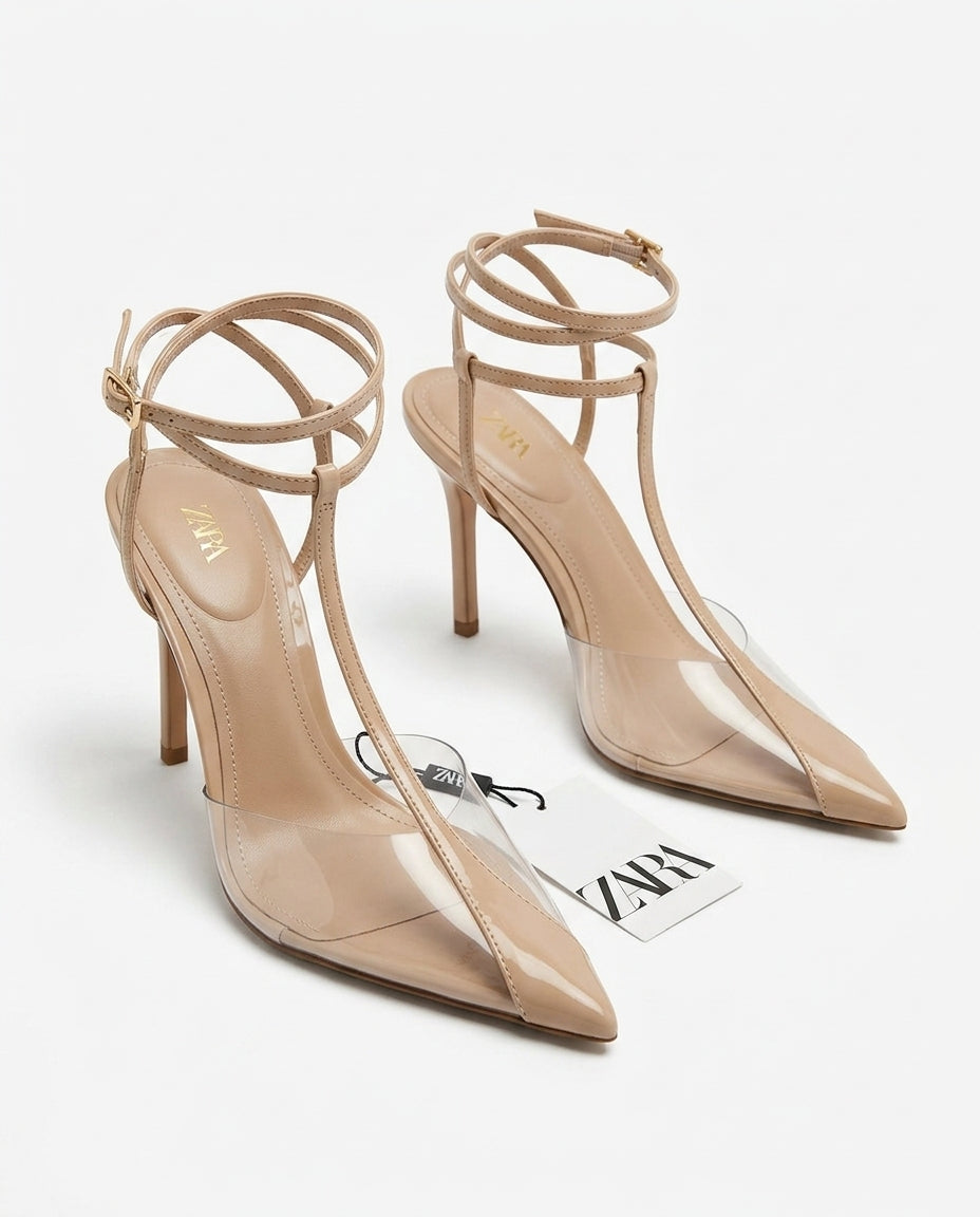 Escarpins Zara beige à brides et empiècements transparents