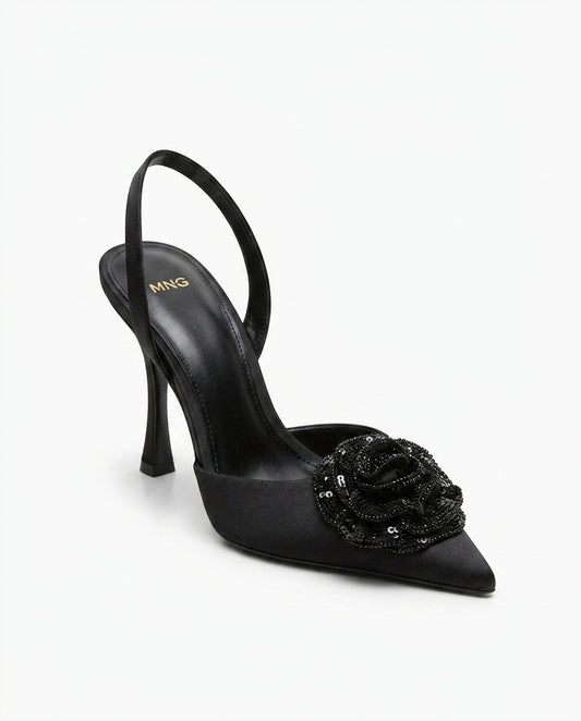 Escarpins MNG slingback noirs avec rose ornementée