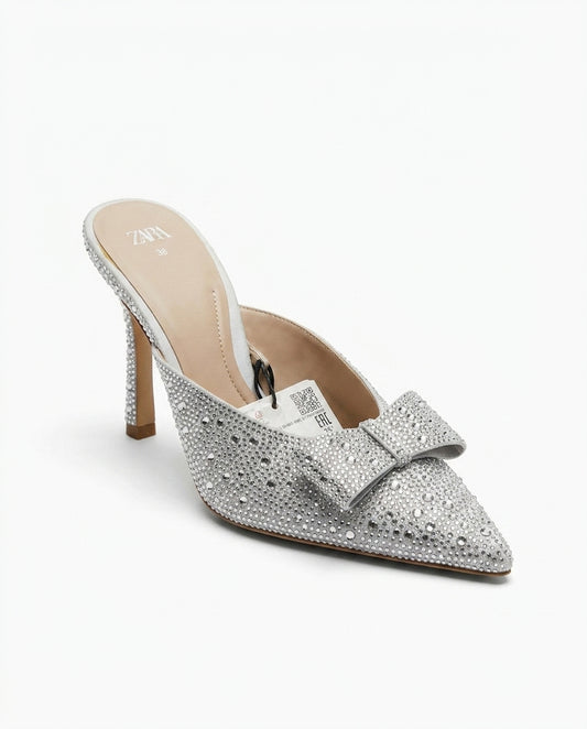 Mule Zara argentée à strass avec nœud
