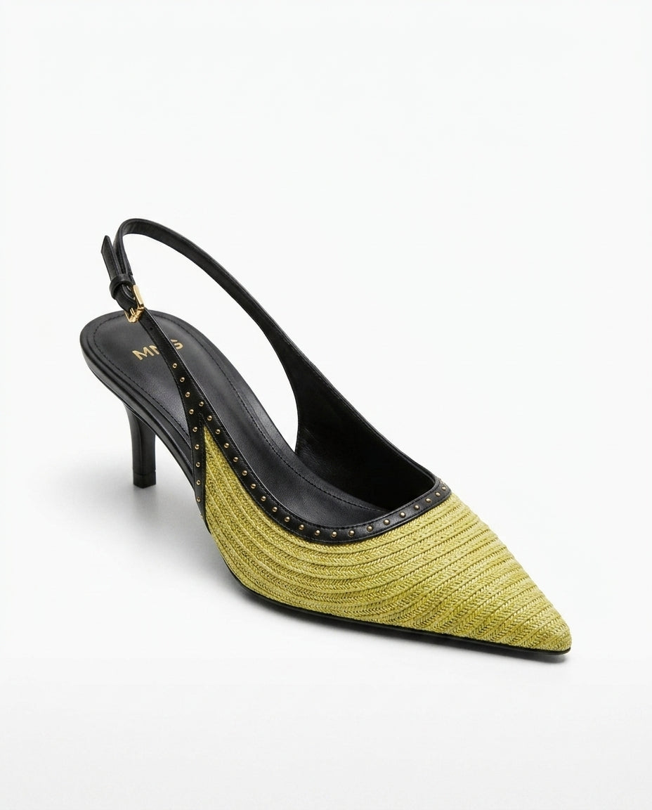 Escarpin slingback MNG jaune tressé avec bordure cloutée noire