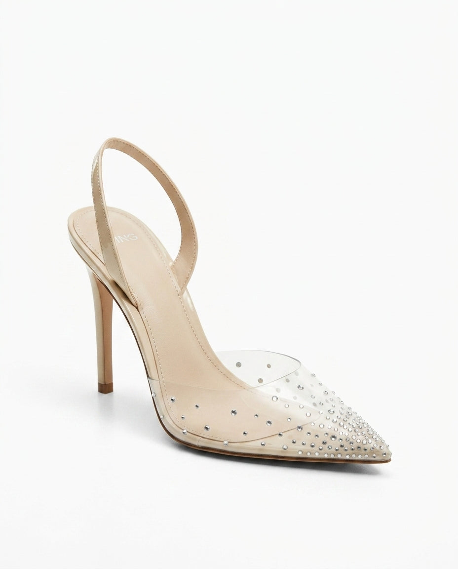 Escarpin MNG beige à bout transparent et strass
