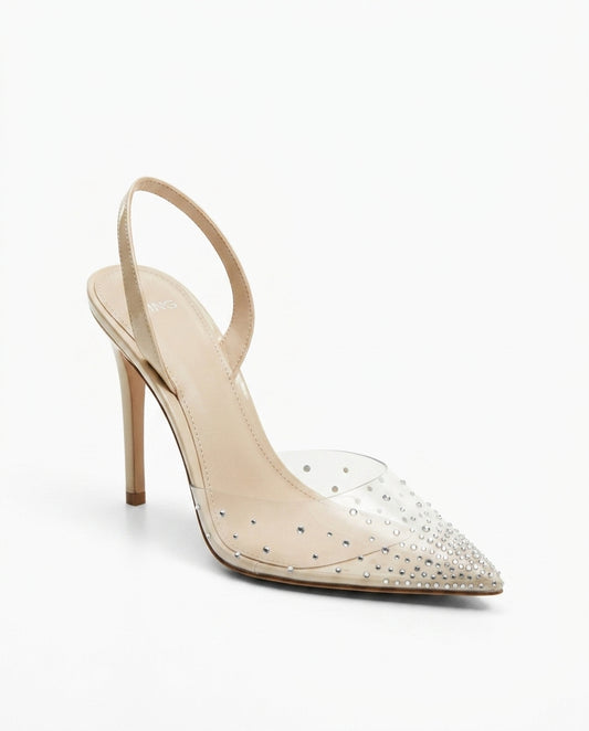 Escarpin MNG beige à bout transparent et strass