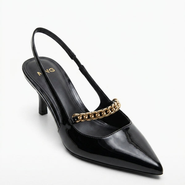 Escarpin Mango noir verni avec chaîne dorée
