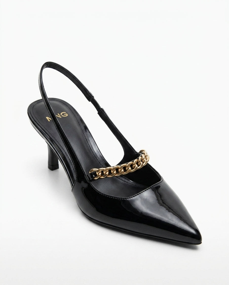 Escarpin Mango noir verni avec chaîne dorée