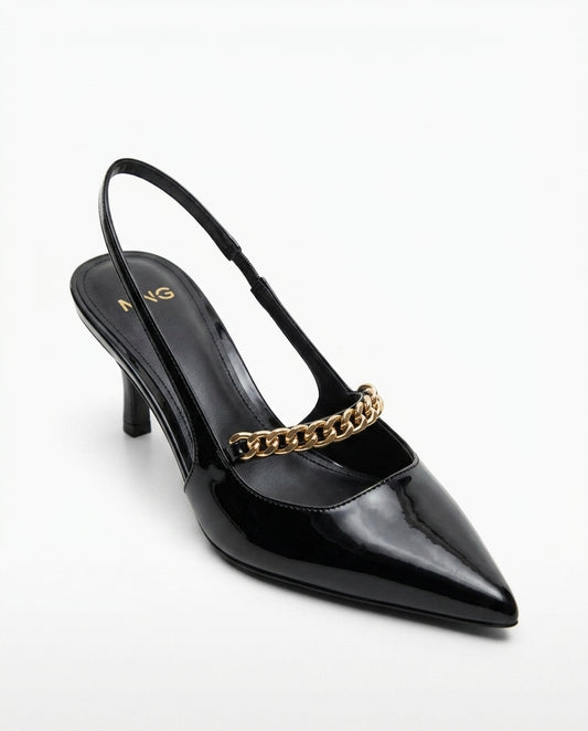 Escarpin Mango noir verni avec chaîne dorée