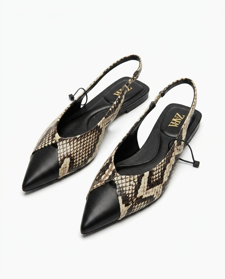 Chaussure plate slingback Zara à motif serpent et bout pointu noir