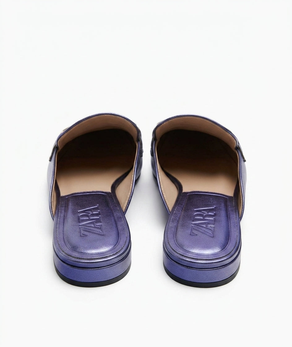 Mules Zara bleu métallisé avec détail mors doré