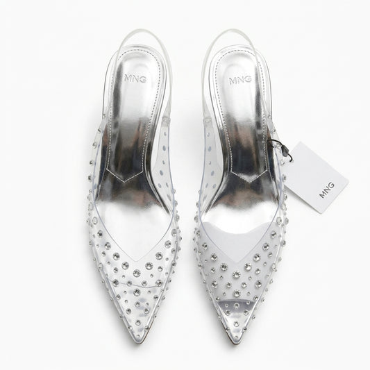 Escarpin argenté MNG à strass et brides transparentes