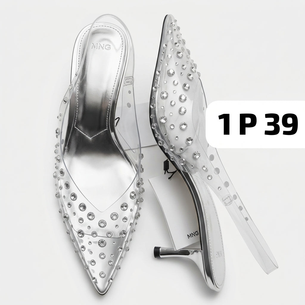 Escarpin argenté MNG à strass et brides transparentes