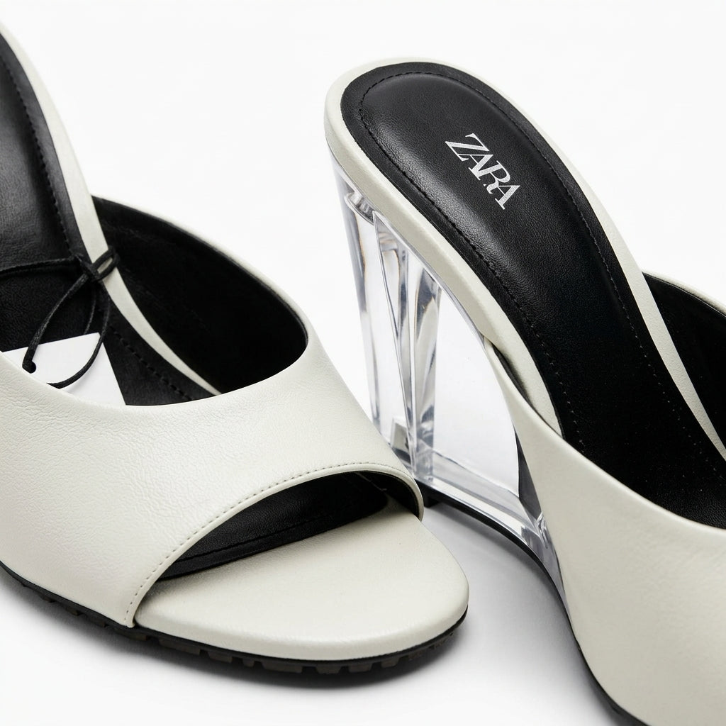 Mule Zara blanche à talon compensé transparent