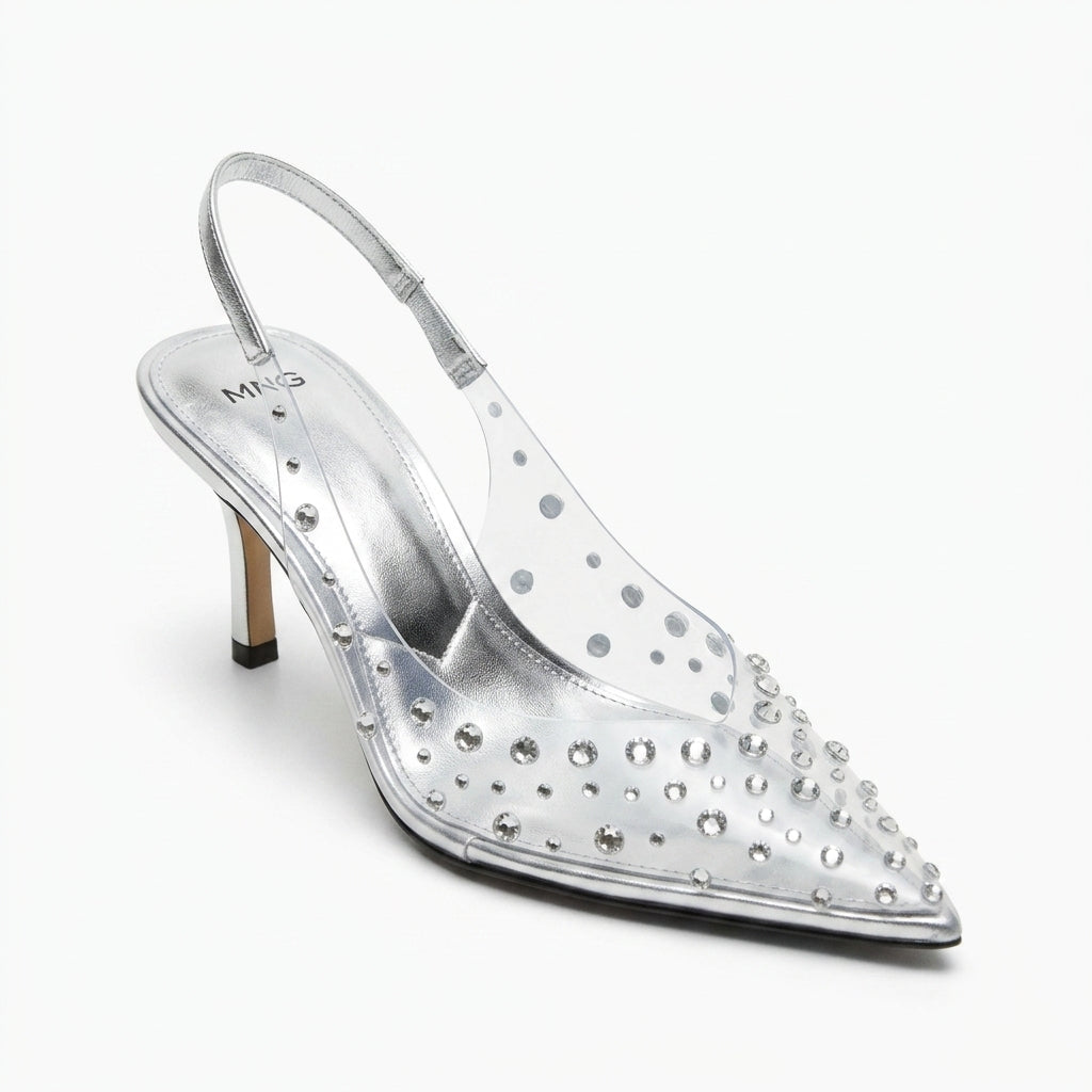 Escarpin argenté MNG à strass et brides transparentes