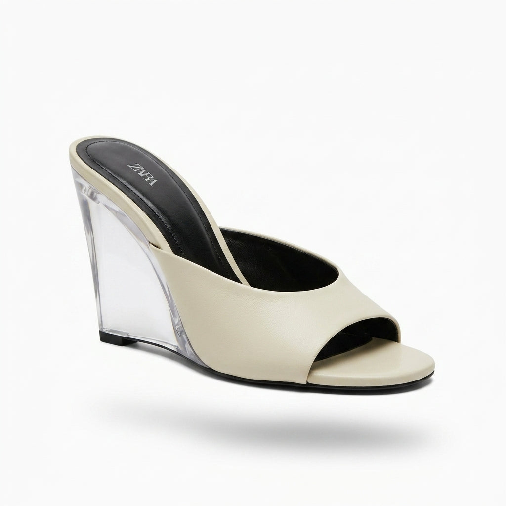 Mule Zara blanche à talon compensé transparent