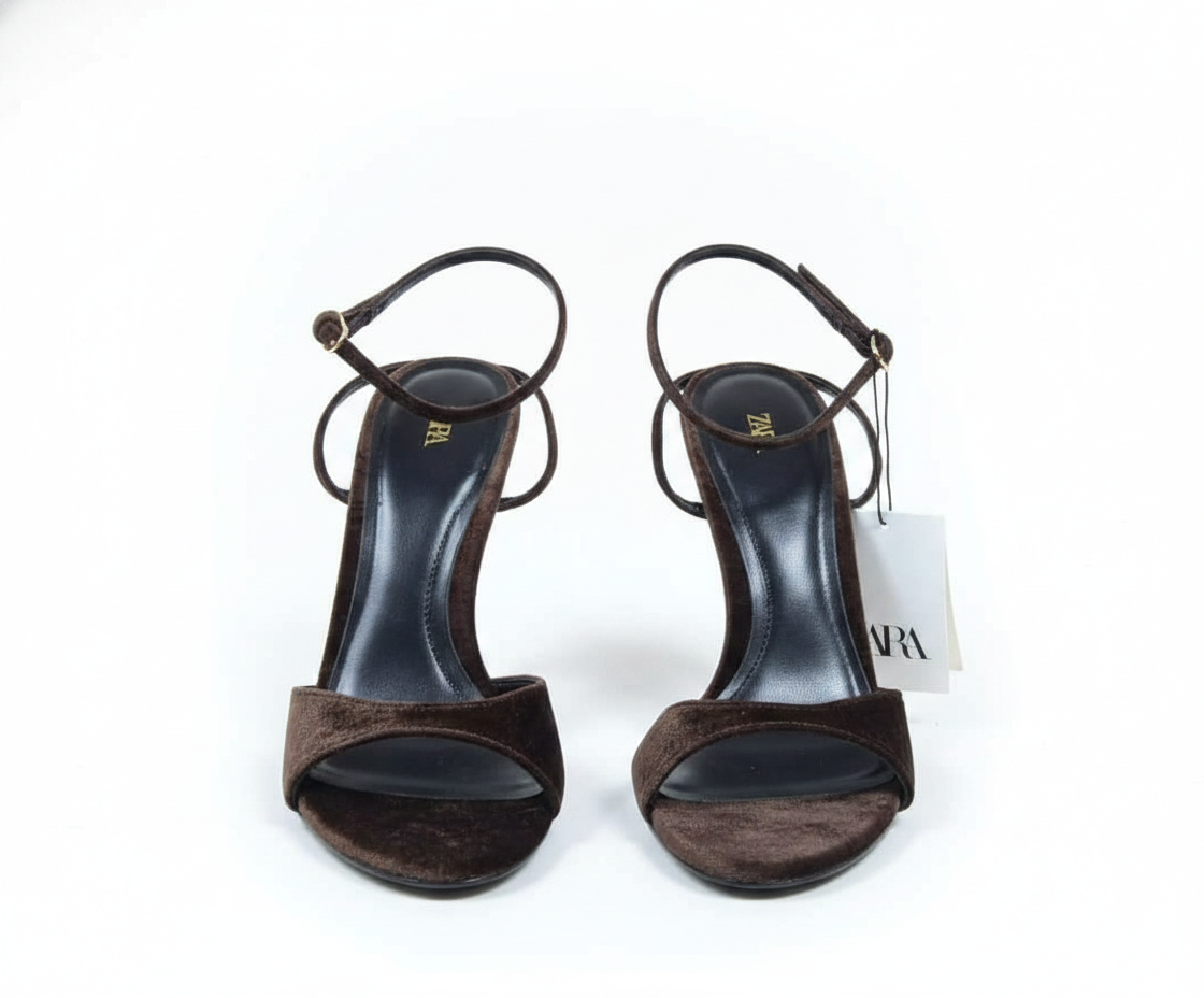 Sandale à talons ZARA en velours marron