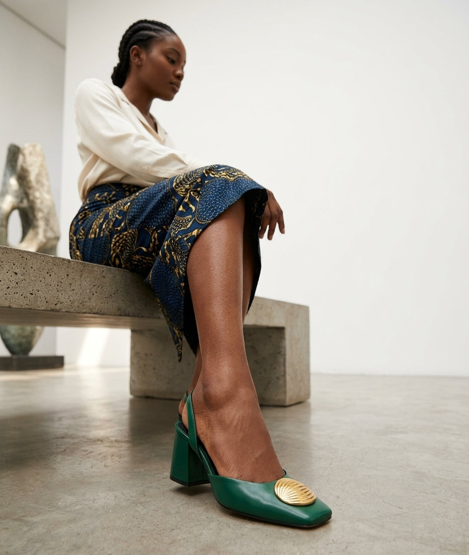 ZARA Slingback verte avec boucle dorée