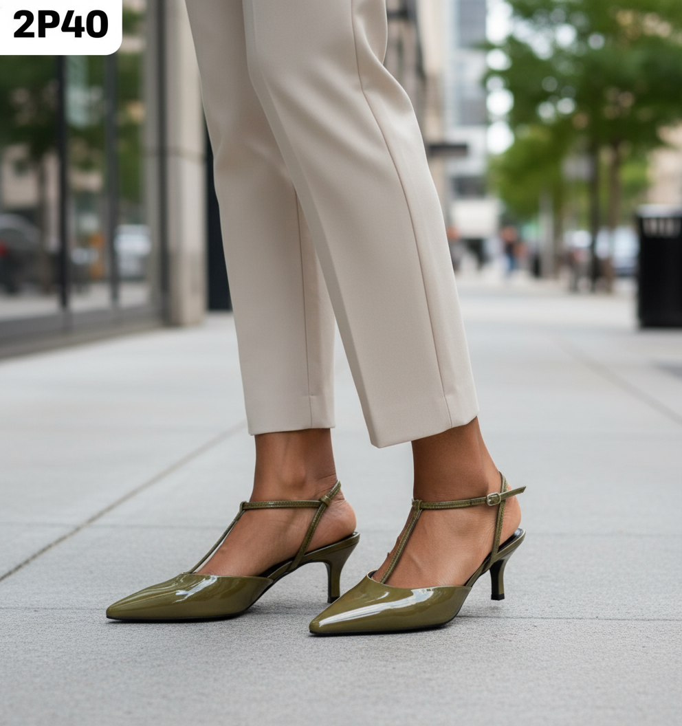 Escarpin Zara vert kaki brillant