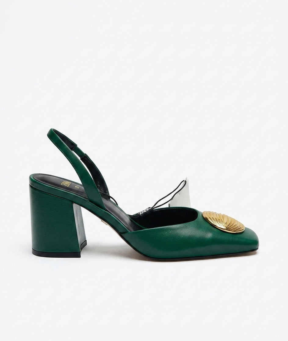 ZARA Slingback verte avec boucle dorée