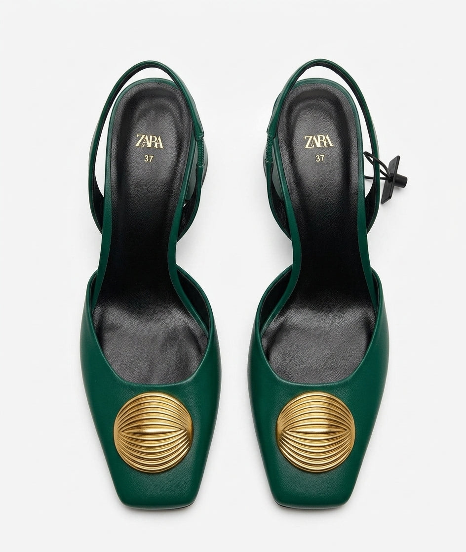 ZARA Slingback verte avec boucle dorée