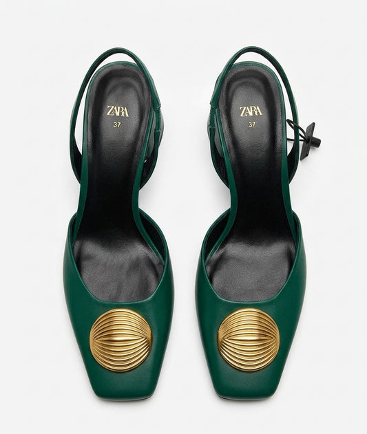 ZARA Slingback verte avec boucle dorée