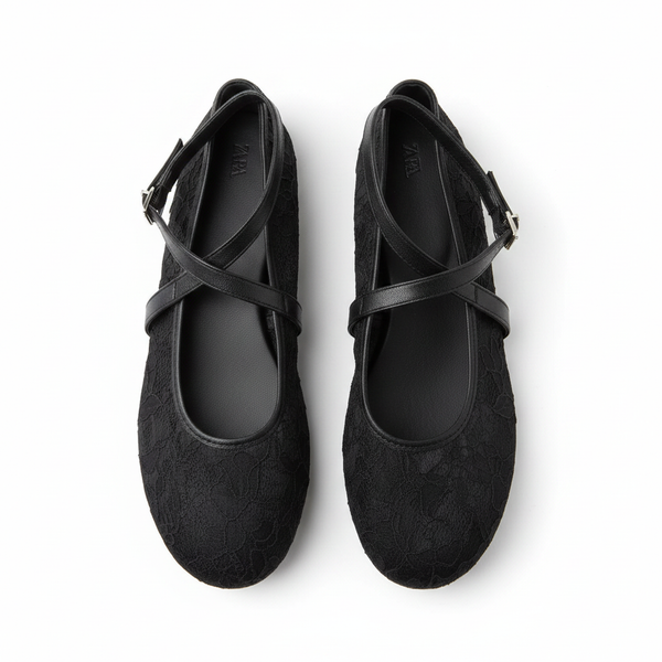 Zara Black Lace Ballerinas with Criss-Cross Straps - Size 41