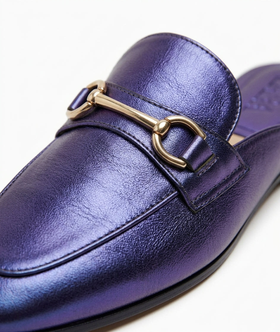 Mules Zara bleu métallisé avec détail mors doré