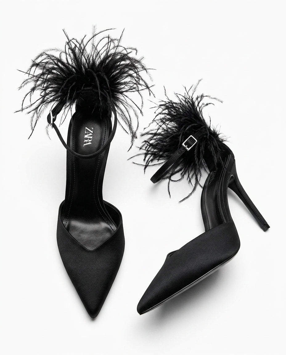 Escarpins Zara noirs en satin avec plumes à la cheville