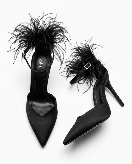 Escarpins Zara noirs en satin avec plumes à la cheville