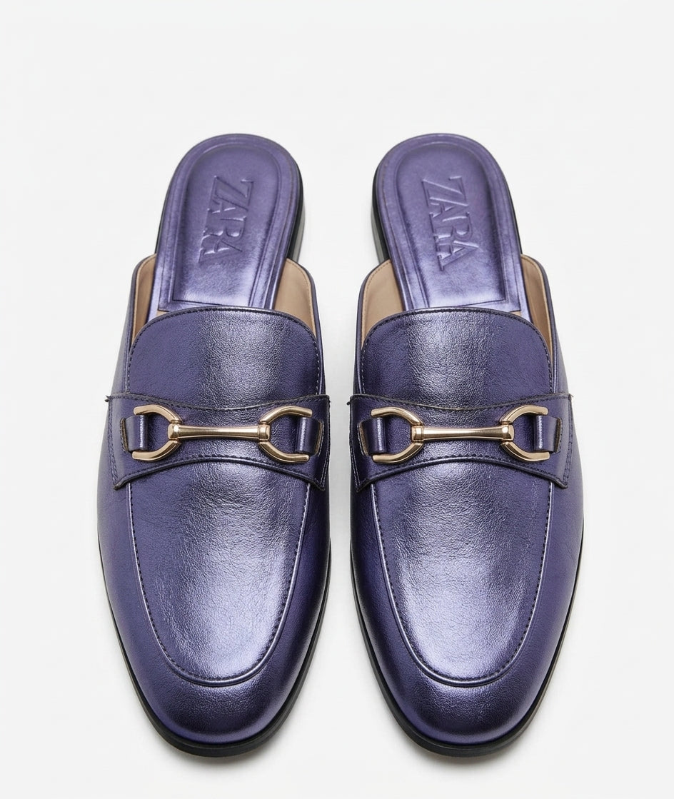 Mules Zara bleu métallisé avec détail mors doré