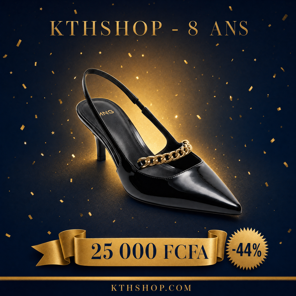 KTHSHOP 8 ans — Escarpin MNG slingback noir verni avec chaîne dorée à 25 000 FCFA