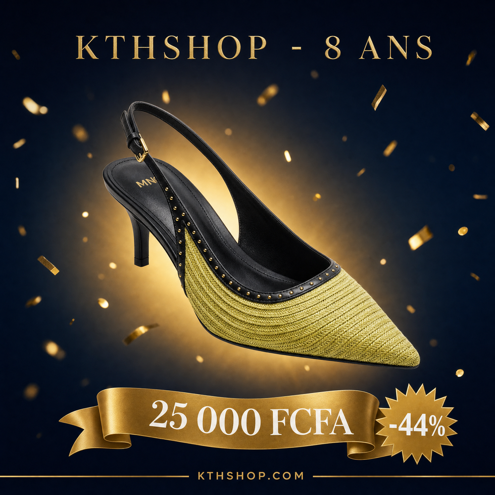 KTHSHOP 8 ans — Escarpin slingback MNG jaune tressé avec bordure cloutée noire à 25 000 FCFA