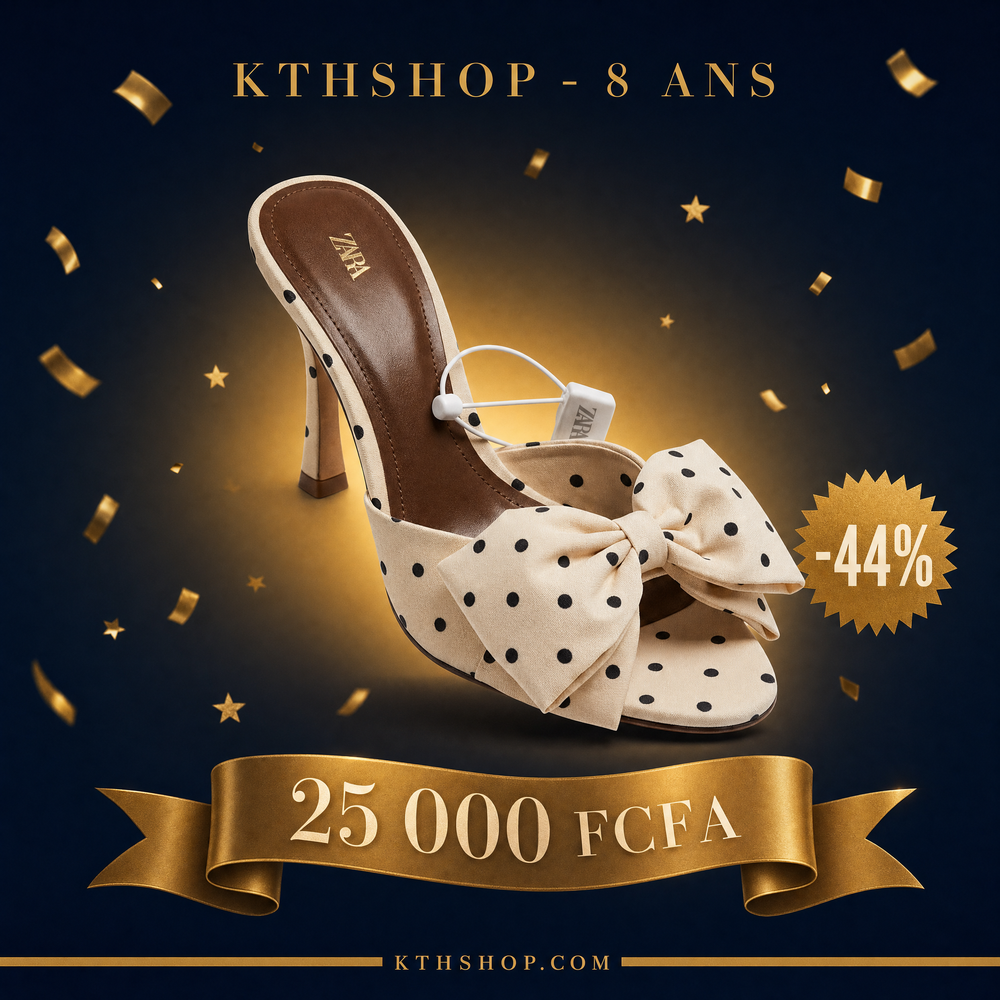 KTHSHOP 8 ans — Mule Zara à pois blancs et noirs avec nœud à 25 000 FCFA