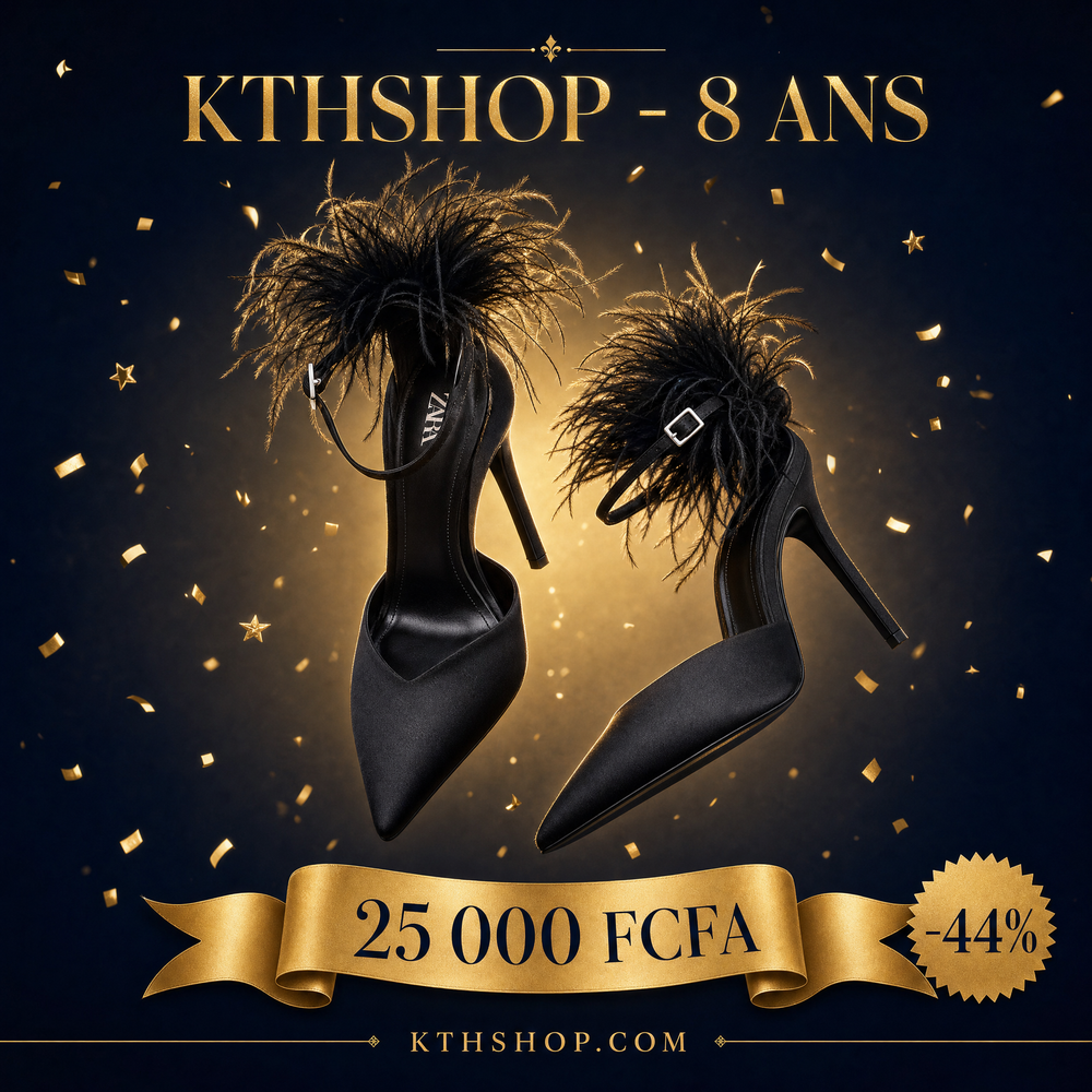 KTHSHOP 8 ans — Escarpins Zara noirs en satin avec plumes à la cheville à 25 000 FCFA
